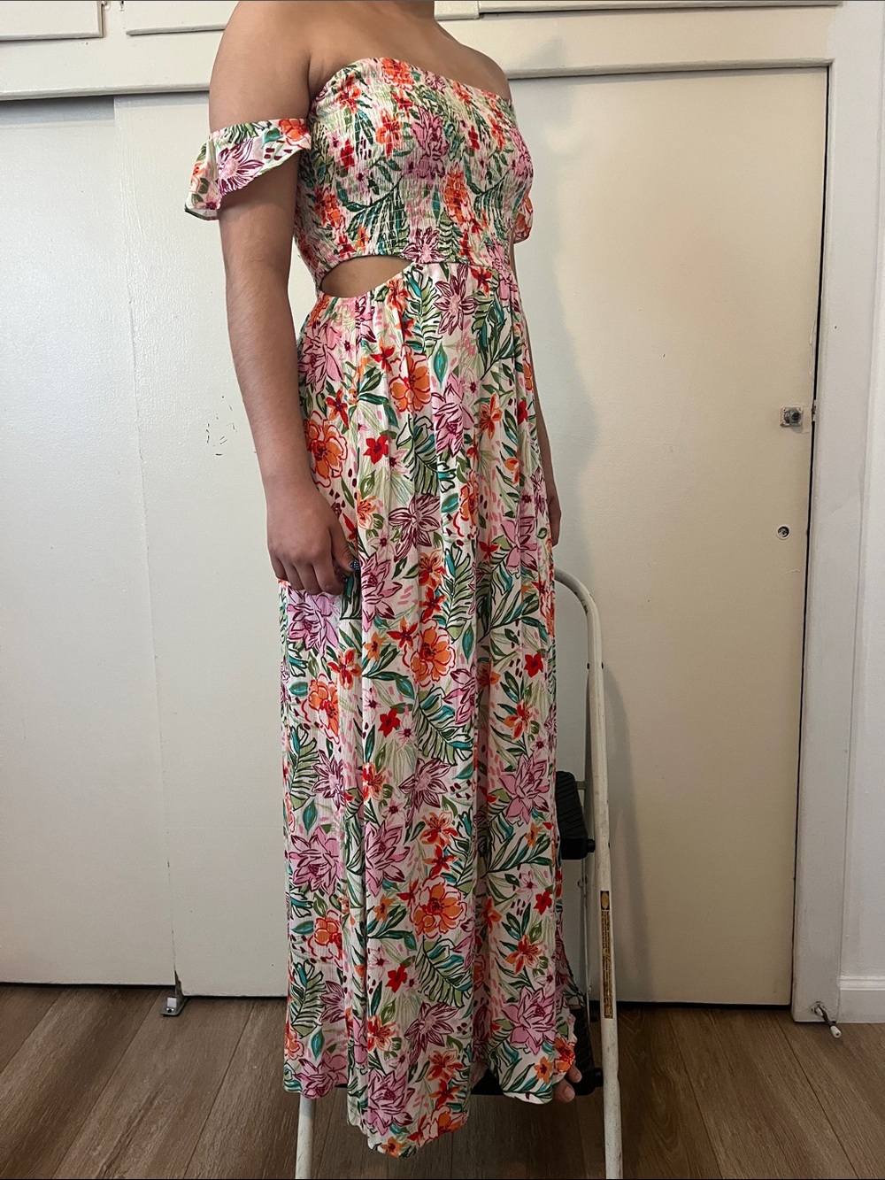 Lush Pink & Green Floral One-Shoulder Maxi Dress